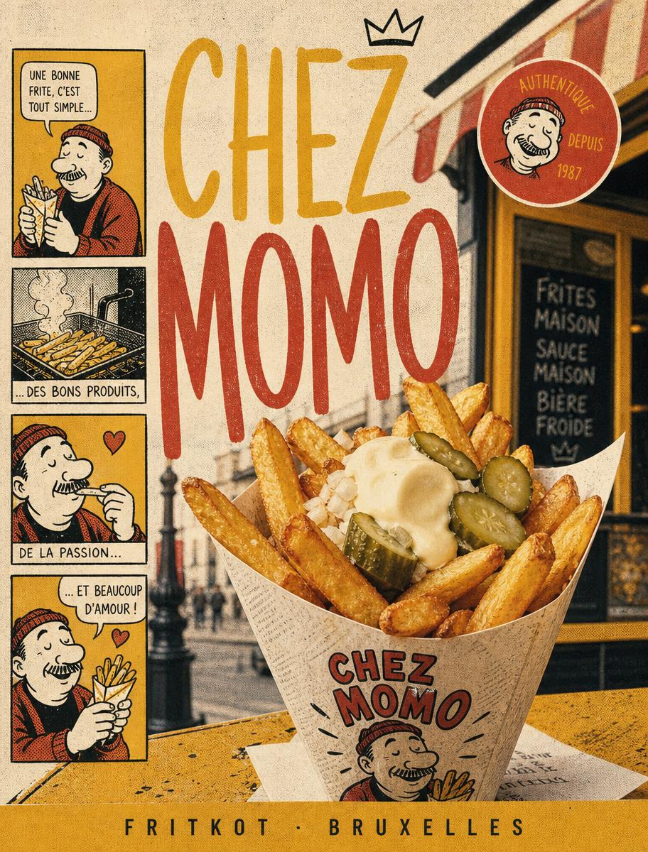Template Fritzo — Kraft brut, moutarde éclatante et rouge tomate. L'appétit d'une friterie de quartier.